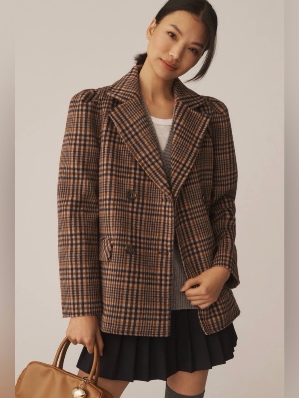 Anthropologie Maeve Puff-Sleeve Wool-Blend
Blazer in Brown Plaid